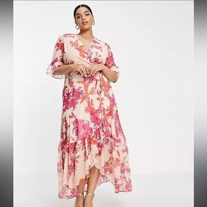 Hope & Ivy Flutter Sleeve Floral Wrap Maxi Dress in Fuchsia Size 22